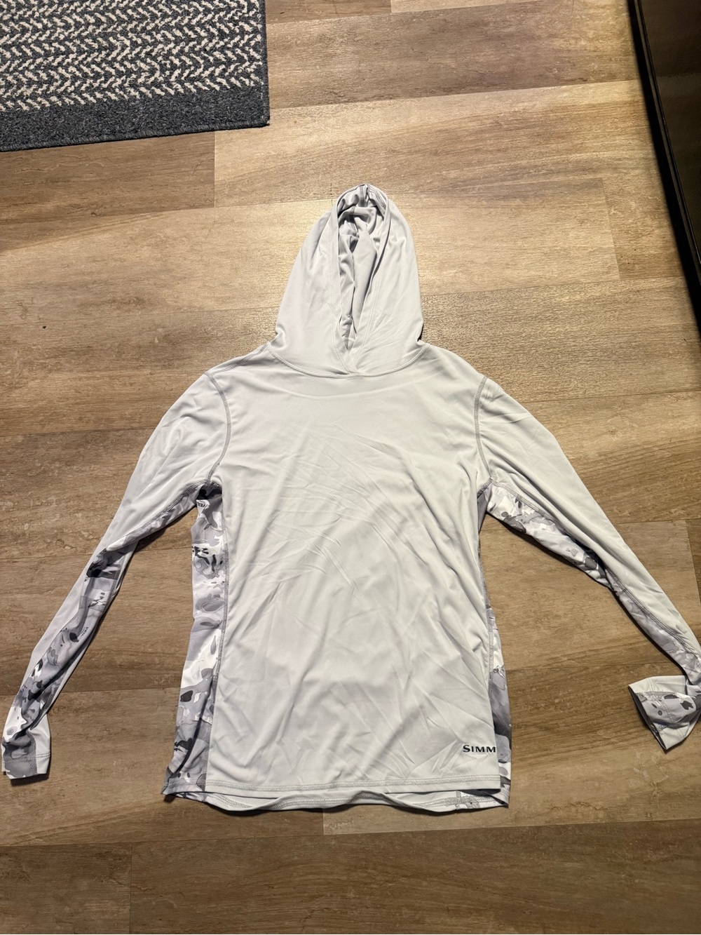 Simms Light Gray Hooded Performance Shirt with Camo Accents